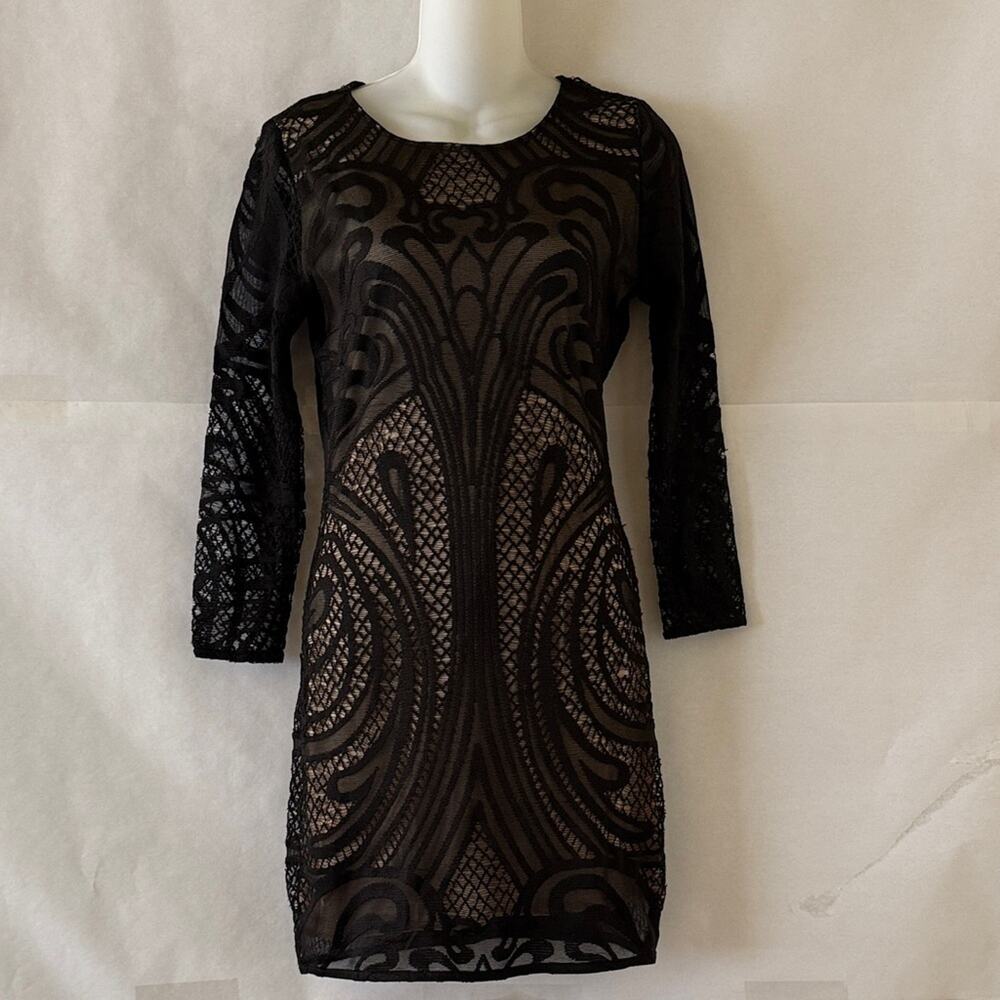 Mango MNG Black Lace Evening Dress Size 4 Lined Mini Long Sleeve Cocktail Party